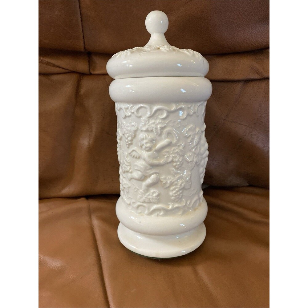 Vintage Lefton Renaissance Lidded Ceramic Canister Cherub Motif Japan 7"